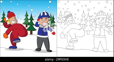 Divertente pagina da colorare di bambini che lanciano palle di neve. Ore di divertimento per i bambini piccoli. Molto facile da colorare. Pagina da colorare per bambini. Semplice pagina da colorare. Illustrazione Vettoriale