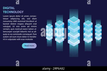 Data center della sala server di storage, concetto di linea numerica binaria, enorme quantità di elaborazione dati, storage cloud, vettore isometrico Illustrazione Vettoriale