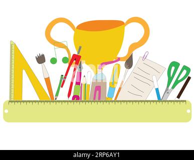 Etichetta con oggetti didattici; design piatto con oggetti didattici scolastici; tazza sportiva, quadrata, spazzola, divisorio, penna stilografica, penna, pennarelli, gou Illustrazione Vettoriale
