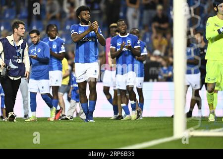 Genk, Belgio. 3 settembre 2023. Mark McKenzie di Genk festeggia dopo aver vinto una partita di calcio tra KRC Genk e RSCA Anderlecht, domenica 03 settembre 2023 a Genk, il giorno 06 della stagione 2023-2024 della prima divisione del campionato belga "Jupiler Pro League". BELGA PHOTO JOHAN EYCKENS Credit: Belga News Agency/Alamy Live News Foto Stock