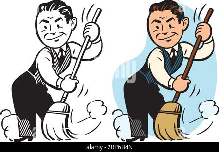 Un cartone animato vintage retrò di un uomo che spazza via la polvere con una scopa. Illustrazione Vettoriale