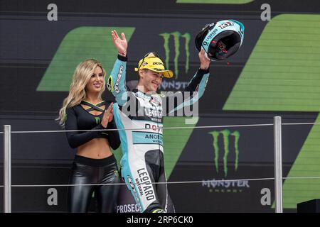 Barcellona, Spagna. 3 settembre 2023. Giornata di gara.Moto 3 Jaume Masia (5) di Leopard Racing festeggia il secondo posto durante la MotoGP Gran premi Monster Energy de Catalunya.Moto3 1-2-3 settembre 2023, al Circuit de Barcelona-Catalunya di Barcellona, Spagna. Crediti: Rosdemora/Alamy Live News Foto Stock