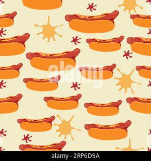 Schema hot dog senza cuciture con macchie di senape e ketchup; pattern senza cuciture con molti hot dog e macchie di ketchup e senape Illustrazione Vettoriale