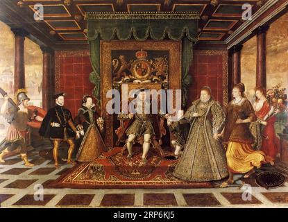 La famiglia di Enrico VIII: Un'Allegoria della successione Tudor intorno al 1572 di Lucas de Heere Foto Stock