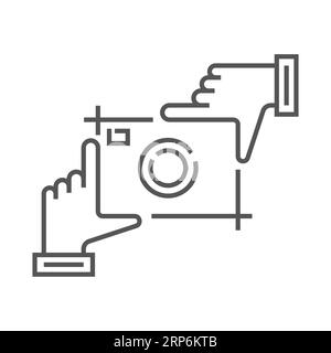 Tenere l'otturatore della fotocamera con le mani. Fotografia e studio fotografico disegno a mano logo schizzo. Elemento di disegno vettoriale, segno di affari, logo, identità Illustrazione Vettoriale