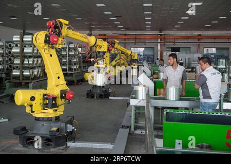 (190120) -- PECHINO, 20 gennaio 2019 (Xinhua) -- i lavoratori egiziani sono presenti presso il laboratorio della base di produzione cinese di vetroresina del gruppo Jushi nel distretto egiziano di Ain Sokhna a Suez il 28 agosto 2018. (Xinhua/Meng Tao) Xinhua titoli: Cina, Egitto sogna in grande mentre il deserto viene convertito in zona di cooperazione PUBLICATIONxNOTxINxCHN Foto Stock