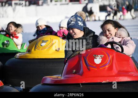 (190121) -- PECHINO, 21 gennaio 2019 (Xinhua) -- i turisti giocano a autoscontri sul fiume Songhua ghiacciato a Harbin, capitale della provincia di Heilongjiang della Cina nord-orientale, 20 gennaio 2019. (Xinhua/Wang Jianwei) XINHUA FOTO DEL GIORNO PUBLICATIONxNOTxINxCHN Foto Stock