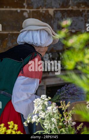 signora vestita in costume tudor in una fiera di campagna che si occupa di piante e fiori. donna vestita con abiti del periodo tudor che cura un giardino. Foto Stock