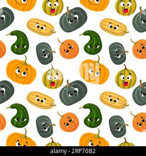 Motivo zucca senza cuciture. Le zucche con i volti raccolgono lo sfondo in tessuto ornamentale autunnale, i simboli di zucca dei cartoni animati, il design dello sfondo di halloween Illustrazione Vettoriale