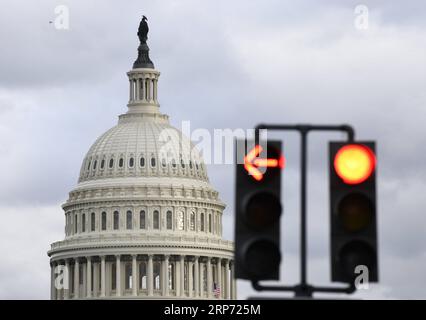 (190124) -- WASHINGTON, 24 gennaio 2019 -- luci rosse si vedono di fronte a Capitol Hill a Washington D.C., negli Stati Uniti, il 24 gennaio 2019. Un disegno di legge sostenuto dai democratici per aprire temporaneamente il governo degli Stati Uniti senza finanziare un muro di confine richiesto dalla Casa Bianca non è riuscito a passare il Senato degli Stati Uniti giovedì. ) U.S.-WASHINGTON D.C.-GOVERNMENT-TEMPORARY OPENING-BILL-FAILING LIUXJIE PUBLICATIONXNOTXINXCHN Foto Stock