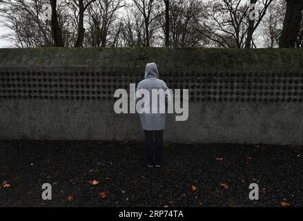 (190127) -- FRANCOFORTE, 27 gennaio 2019 -- Una donna si trova accanto al muro del vecchio cimitero ebraico a Francoforte, Germania, il 27 gennaio 2019. Il muro lungo 286 metri contiene più di 11.900 piccoli blocchi di acciaio, che registrano i nomi degli ebrei di Francoforte deportati e uccisi tra il 1933 e il 1945. Nel 2005, l'Assemblea generale delle Nazioni Unite ha adottato una risoluzione che designava il gennaio 27 come giornata internazionale della commemorazione in memoria delle vittime dell'Olocausto, il giorno in cui il campo di sterminio di Auschwitz fu liberato nel 1945. GERMANIA-FRANCOFORTE-GIORNATA INTERNAZIONALE DELLA MEMORIA DELL'OLOCAUSTO LUXYANG PUBLICATIONXNOTX Foto Stock