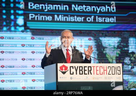 (190129) - TEL AVIV, 29 gennaio 2019 - il primo ministro israeliano Benjamin Netanyahu tiene un discorso durante l'evento Cybertech TLV 2019 a Tel Aviv, Israele, il 29 gennaio 2019. L'evento Cybertech TLV 2019 si terrà dal 28 al 30 gennaio a Tel Aviv, con oltre 15.000 partecipanti provenienti da più di 80 paesi e regioni. ) ISRAEL-TEL AVIV-CYBERTECH TLV 2019-PM-NETANYAHU JINI/GIDEONXMARKOWICZ PUBLICATIONXNOTXINXCHN Foto Stock