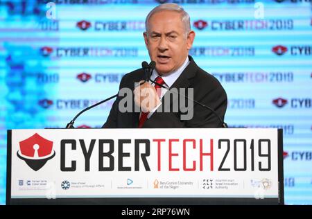 (190129) - TEL AVIV, 29 gennaio 2019 - il primo ministro israeliano Benjamin Netanyahu tiene un discorso durante l'evento Cybertech TLV 2019 a Tel Aviv, Israele, il 29 gennaio 2019. L'evento Cybertech TLV 2019 si terrà dal 28 al 30 gennaio a Tel Aviv, con oltre 15.000 partecipanti provenienti da più di 80 paesi e regioni. ) ISRAEL-TEL AVIV-CYBERTECH TLV 2019-PM-NETANYAHU JINI/GIDEONXMARKOWICZ PUBLICATIONXNOTXINXCHN Foto Stock