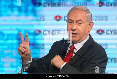 (190129) - TEL AVIV, 29 gennaio 2019 - il primo ministro israeliano Benjamin Netanyahu tiene un discorso durante l'evento Cybertech TLV 2019 a Tel Aviv, Israele, il 29 gennaio 2019. L'evento Cybertech TLV 2019 si terrà dal 28 al 30 gennaio a Tel Aviv, con oltre 15.000 partecipanti provenienti da più di 80 paesi e regioni. ) ISRAEL-TEL AVIV-CYBERTECH TLV 2019-PM-NETANYAHU JINI/GIDEONXMARKOWICZ PUBLICATIONXNOTXINXCHN Foto Stock