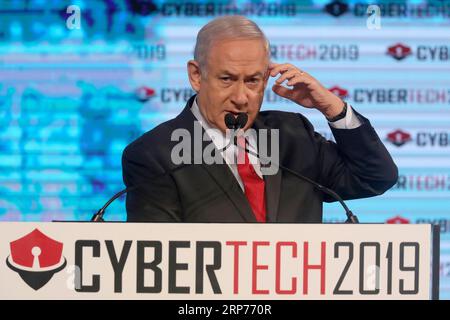 (190129) - TEL AVIV, 29 gennaio 2019 - il primo ministro israeliano Benjamin Netanyahu tiene un discorso durante l'evento Cybertech TLV 2019 a Tel Aviv, Israele, il 29 gennaio 2019. L'evento Cybertech TLV 2019 si terrà dal 28 al 30 gennaio a Tel Aviv, con oltre 15.000 partecipanti provenienti da più di 80 paesi e regioni. ) ISRAEL-TEL AVIV-CYBERTECH TLV 2019-PM-NETANYAHU JINI/GIDEONXMARKOWICZ PUBLICATIONXNOTXINXCHN Foto Stock