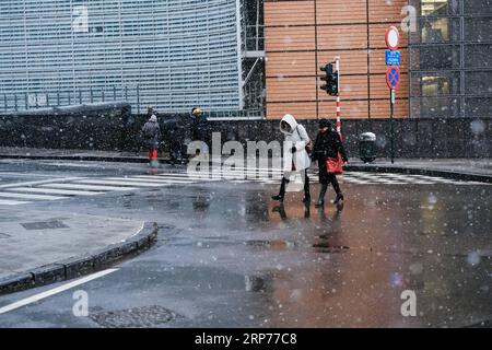 (190130) -- BRUXELLES, 30 gennaio 2019 (Xinhua) -- i pedoni camminano in mezzo alla neve a Bruxelles, Belgio, 30 gennaio 2019. Una nevicata ha colpito Bruxelles mercoledì. (Xinhua/Zhang Cheng) BELGIO-BRUXELLES-NEVICATE PUBLICATIONxNOTxINxCHN Foto Stock