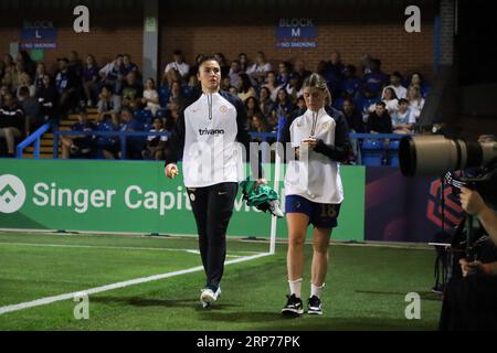 Kingston, Regno Unito. 3 settembre 2023. Londra, Inghilterra, 03 settembre 2023: 45 minuti nel serbatoio per il portiere Zecira Musovic (Chelsea, 1) e Maren Mjelde (Chelsea, 18) durante l'amichevole di pre-stagione tra Chelsea e Roma a Kingsmeadow, Londra, Inghilterra. (Bettina Weissensteiner/SPP) credito: SPP Sport Press Photo. /Alamy Live News Foto Stock