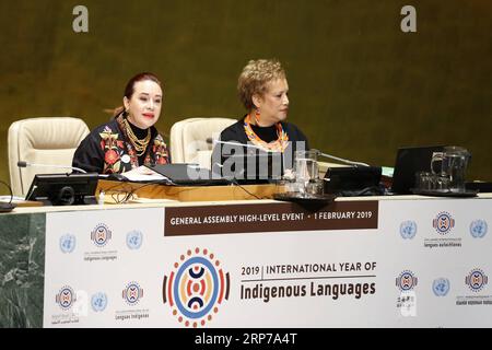 (190202) -- NAZIONI UNITE, 2 febbraio 2019 -- Maria Fernanda Espinosa Garces (L), presidente della 73a Assemblea generale delle Nazioni Unite (UNGA), si rivolge alla cerimonia di lancio dell'anno internazionale delle lingue indigene presso la sede delle Nazioni Unite a New York, 1 febbraio 2019. Venerdì il presidente dell'Assemblea generale delle Nazioni Unite (UNGA) ha esortato la comunità internazionale a recuperare e preservare meglio le lingue indigene. L'anno internazionale delle lingue indigene è un'osservanza delle Nazioni Unite nel 2019 che mira a sensibilizzare sulle conseguenze della minaccia delle lingue indigene in tutto il mondo, e a estab Foto Stock