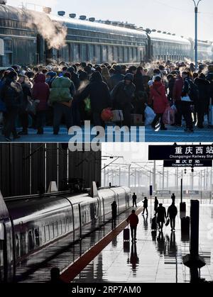 (190202) -- PECHINO, 2 febbraio 2019 () -- questa foto combinata mostra i passeggeri a bordo di un treno verde vecchio stile su una piattaforma della stazione ferroviaria di Genhe a Hulun Buir, nella regione autonoma della Mongolia interna della Cina settentrionale, il 31 gennaio 2016 (in alto, foto scattata da Lian Zhen); e un treno ad alta velocità che sta per partire dalla stazione ovest di Chongqing, nel sud-ovest della Cina, a Chongqing, 12 febbraio 2018 (in basso, foto scattata da Liu Chan). () TO GO WITH Headlines: Moving China: The Spring Festival Train journey Now and Then Headlines: Moving China: The Spring Festival train journey Now and Then Xinhua PUBLICATIONxNOTxIN Foto Stock
