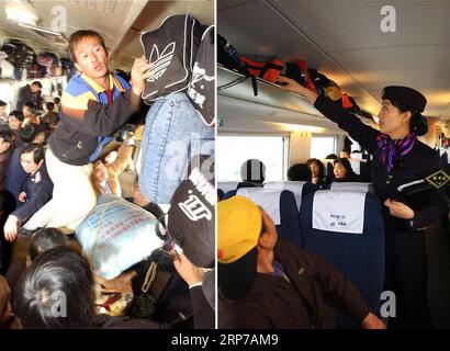 (190202) -- PECHINO, 2 febbraio 2019 () -- questa foto combinata mostra i passeggeri che sistemano i loro bagagli nella carrozza 11 del treno L28 che viaggia da Fuzhou nella provincia del Fujian della Cina sud-orientale fino al comune di Chongqing della Cina sud-occidentale, 23 gennaio 2003 (a sinistra, foto scattata da Jiang Kehong); e il direttore del treno Jiang Fei controlla il portabagagli a bordo di un treno proiettile sulla ferrovia ad alta velocità Wuhan-Guangzhou, 30 gennaio 2010 (a destra, foto scattata da li Mingfang). () TO GO WITH Headlines: Moving China: The Spring Festival viaggio in treno Now and Then Headlines: Moving China: The Spring Festival train jo Foto Stock