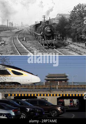 (190202) -- PECHINO, 2 febbraio 2019 () -- questa foto combinata mostra il primo treno diretto Pechino-Guangzhou in partenza dalla stazione ferroviaria di Pechino il 14 ottobre 1957 (in alto, foto scattata da Meng Qingbiao); e un treno proiettile Fuxing che passa per la torre del cancello di Yongdingmen mentre viaggia sulla ferrovia interurbana Pechino-Tianjin, 25 gennaio 2019 (in basso, foto scattata da Xing Guangli). () TO GO WITH Headlines: Moving China: The Spring Festival Train journey Now and Then Headlines: Moving China: The Spring Festival train journey Now and Then Xinhua PUBLICATIONxNOTxINxCHN Foto Stock