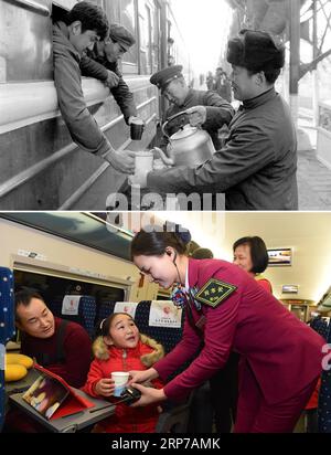 (190202) -- PECHINO, 2 febbraio 2019 () -- questa foto combinata mostra i membri del personale della stazione che offrono acqua calda ai passeggeri del treno alla stazione ferroviaria di Shijiazhuang durante la stagione di viaggio del Festival di Primavera a Shijiazhuang, nella provincia di Hebei nel nord della Cina nel 1984 (in alto, foto scattata da Zhao Liansheng); e l'assistente del treno Liao Hui dell'Ufficio ferroviario di Nanchang che offre una tazza d'acqua per un giovane passeggero il 6 febbraio 2016 (in basso, foto scattata da Jiang Kehong). () TO GO WITH Headlines: Moving China: The Spring Festival viaggio in treno Now and Then Headlines: Moving China: The Spring Festival viaggio in treno Foto Stock