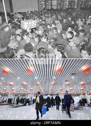 (190202) -- PECHINO, 2 febbraio 2019 () -- questa foto combinata mostra i passeggeri in coda per salire a bordo dei treni della stazione ferroviaria di Pechino durante la stagione di viaggio del Festival di Primavera a Pechino, capitale della Cina, 12 gennaio 1993 (in alto, foto scattata da Tang Zhaoming); e i passeggeri si preparano a salire sui treni dopo i controlli di sicurezza alla stazione ferroviaria di Lanzhou a Lanzhou, nella provincia del Gansu della Cina nord-occidentale, 20 gennaio 2019 (in basso, foto scattata da Chen Bin). () TO GO WITH Headlines: Moving China: The Spring Festival viaggio in treno Now and Then Headlines: Moving China: The Spring Festival viaggio in treno Now and Then Foto Stock