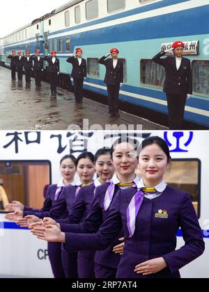 (190202) -- PECHINO, 2 febbraio 2019 () -- questa foto combinata mostra gli assistenti che si preparano a lavorare a bordo del treno K1/6 durante la corsa di viaggio del Festival di Primavera a Nanchino, nella provincia del Jiangsu della Cina orientale nel gennaio del 1998 (foto scattata da Gao Meiji); e gli steward del bullet train che prendono parte ad un addestramento di galatea a Nanchino, nella provincia orientale di Jiangsu, 17 gennaio 2019 (in basso, foto scattata da su Yang). () TO GO WITH Headlines: Moving China: The Spring Festival Train journey Now and Then Headlines: Moving China: The Spring Festival train journey Now and Then Xinhua PUBLICATIONxNOTxINxCHN Foto Stock