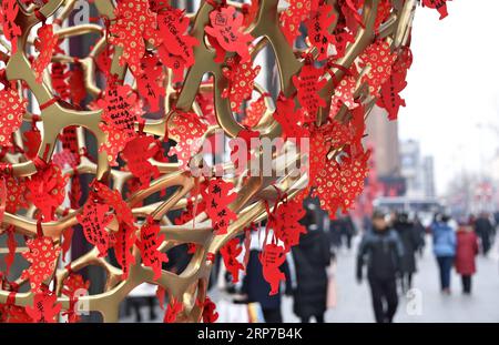 (190202) -- PECHINO, 2 febbraio 2019 (Xinhua) -- foto scattata il 2 febbraio 2019 mostra le carte dei desideri esposte nella via Wangfujing a Pechino, capitale della Cina. Wangfujing Street, una delle zone commerciali più prospere della città, e' piena di atmosfera festosa del Festival di Primavera. Il 5 febbraio di quest'anno si svolge il festival di primavera o il Capodanno lunare cinese. (Xinhua/li Xin) CHINA-BEIJING-WANGFUJING-SPRING FESTIVAL (CN) PUBLICATIONxNOTxINxCHN Foto Stock