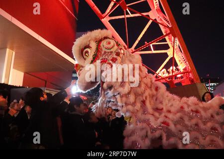 (190204) -- TOKYO, 4 febbraio 2019 (Xinhua) -- i bambini interagiscono con attori di leoni che ballano ai piedi della Tokyo Tower a Tokyo, Giappone, 4 febbraio 2019. La Tokyo Tower è stata illuminata di rosso per celebrare il Capodanno cinese il lunedì sera. (Xinhua/Du Xiaoyi) JAPAN-TOKYO TOWER-CHINESE NEW YEAR-CELEBRATION PUBLICATIONxNOTxINxCHN Foto Stock