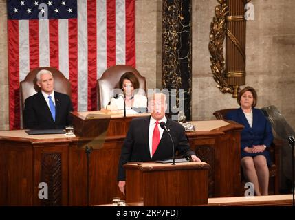 (190206) -- WASHINGTON, 6 febbraio 2019 -- il presidente degli Stati Uniti Donald Trump parla a Capitol Hill a Washington D.C., negli Stati Uniti, il 5 febbraio 2019. Il presidente degli Stati Uniti Donald Trump ha detto qui martedì nel suo discorso sullo Stato dell'Unione che incontrerà il leader della Repubblica Popolare Democratica di Corea (RPDC), Kim Jong un, il 27-28 febbraio in Vietnam. ) U.S.-WASHINGTON D.C.-TRUMP-KIM JONG UN-MEETING LIUXJIE PUBLICATIONXNOTXINXCHN Foto Stock