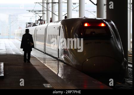 (190210) -- GUIYANG, 10 febbraio 2019 (Xinhua) -- Un treno proiettile esce dalla stazione ferroviaria di Guiyangbei a Guiyang, nella provincia di Guizhou, nella Cina sud-occidentale, 10 febbraio 2019. La Cina è stata testimone di una corsa di viaggi a livello nazionale per il Festival di Primavera la domenica, quando le persone hanno iniziato a tornare ai luoghi di lavoro dalle città natali dopo le riunioni di famiglia mentre la festa del Festival di Primavera è finita (Xinhua/Liu Xu) CHINA-SPRING FESTIVAL-HOLIDAY END-TRAVEL RUSH (CN) PUBLICATIONxNOTxINxCHN Foto Stock