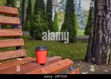 Una tazza di carta rossa con caffè su una panca di legno vuota in un parco autunnale. Paesaggio autunnale con foglie cadute. Foto Stock