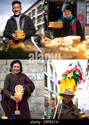 (190216) -- LHASA, 16 febbraio 2019 (Xinhua) -- questa foto combinata non datata mostra Gesang (L, in alto) e Zhoima (R, in alto) di Xigaze che vendono beni per le celebrazioni del nuovo anno tibetano, e Dainba Gyaincain (L, in basso) di Damxung che vende burro di yak, e pur Sang di Rinbung che vende bandiere di preghiera nella regione autonoma tibetana sud-occidentale della Cina. Il Capodanno tibetano, noto come Losar, è il festival più importante del calendario tibetano. Quest'anno il Losar è caduto il 5 febbraio e ha coinciso con il Festival di Primavera. Losar e' un momento per le riunioni di famiglia. È caratterizzata da rituali religiosi, lunghe preghiere, cavalli Foto Stock