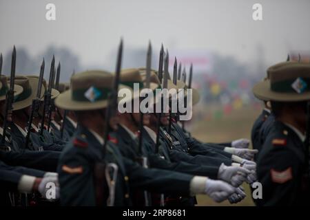 (190219) -- KATHMANDU, 19 febbraio 2019 -- il personale dell'esercito del Nepal marcia in una parata durante la celebrazione della giornata nazionale della democrazia a Tundikhel a Kathmandu, Nepal, 19 febbraio 2019. Il 69° giorno nazionale della democrazia del Nepal è stato osservato martedì con vari programmi per commemorare il giorno in cui la nazione ha raggiunto la libertà dal regime di Rana. ) NEPAL-KATHMANDU-DEMOCRACY DAY sulavxshrestha PUBLICATIONxNOTxINxCHN Foto Stock