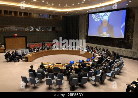 (190219) -- NAZIONI UNITE, 19 febbraio 2019 -- foto scattata il 19 febbraio 2019 mostra una visione generale della riunione del Consiglio di sicurezza delle Nazioni Unite sulla situazione in Yemen, presso la sede delle Nazioni Unite a New York. Il primo ridispiegamento delle forze a Hodeidah dello Yemen potrebbe probabilmente iniziare più tardi martedì, l'inviato speciale delle Nazioni Unite nello Yemen Martin Griffiths ha detto al Consiglio di sicurezza tramite link video da Amman martedì. ) RIUNIONE DEL CONSIGLIO DI SICUREZZA delle Nazioni Unite - YEMEN LixMuzi PUBLICATIONxNOTxINxCHN Foto Stock