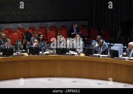 (190219) -- NAZIONI UNITE, 19 febbraio 2019 -- Rappresentante permanente cinese presso le Nazioni Unite ma Zhaoxu (fronte C) partecipa a una riunione del Consiglio di sicurezza sulla situazione nello Yemen, presso la sede delle Nazioni Unite a New York, il 19 febbraio 2019. Il primo ridispiegamento delle forze a Hodeidah dello Yemen potrebbe probabilmente iniziare più tardi martedì, l'inviato speciale delle Nazioni Unite nello Yemen Martin Griffiths ha detto al Consiglio di sicurezza tramite link video da Amman martedì. ) RIUNIONE DEL CONSIGLIO DI SICUREZZA delle Nazioni Unite - YEMEN LixMuzi PUBLICATIONxNOTxINxCHN Foto Stock