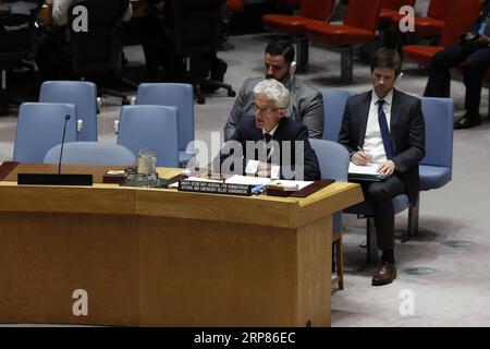 (190219) -- NAZIONI UNITE, 19 febbraio 2019 -- il Sottosegretario generale delle Nazioni Unite per gli affari umanitari e il coordinatore per i soccorsi di emergenza Mark Lowcock (fronte) presenta al Consiglio di sicurezza la situazione nello Yemen, presso la sede delle Nazioni Unite a New York, il 19 febbraio 2019. Il primo ridispiegamento delle forze a Hodeidah dello Yemen potrebbe probabilmente iniziare più tardi martedì, l'inviato speciale delle Nazioni Unite nello Yemen Martin Griffiths ha detto al Consiglio di sicurezza tramite link video da Amman martedì. ) RIUNIONE DEL CONSIGLIO DI SICUREZZA delle Nazioni Unite - YEMEN LixMuzi PUBLICATIONxNOTxINxCHN Foto Stock