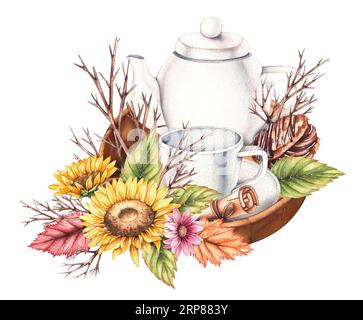 Composizione autunnale acquerello con fiori, una teiera e una tazza di dolci isolati su uno sfondo bianco. Utensili fatti a mano, fiori, foglie appassite Foto Stock