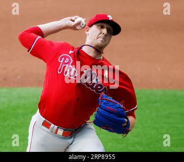 Milwaukee, Stati Uniti. 3 settembre 2023. Il lanciatore di soccorso dei Philadelphia Phillies Jeff Hoffman lanciò contro i Milwaukee Brewers nel quinto inning della loro partita di baseball all'American Family Field di Milwaukee, Wisconsin, domenica 3 settembre 2023. I Phillies sconfissero i Brewers 4-2. Foto di Tannen Maury/UPI Credit: UPI/Alamy Live News Foto Stock