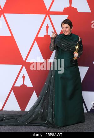 (190225) -- LOS ANGELES, 25 febbraio 2019 (Xinhua) -- Olivia Colman posa per le foto dopo aver vinto il premio Best Actress per il favorito nella sala stampa durante la cerimonia degli Oscar 91, o gli Oscar, tenutasi al Dolby Theatre di Los Angeles, negli Stati Uniti, il 24 febbraio 2019. (Xinhua/li Ying) U.S.-LOS ANGELES-OSCAR-miglior ATTRICE PUBLICATIONxNOTxINxCHN Foto Stock