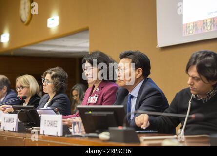 (190227) -- GINEVRA, 27 febbraio 2019 -- Zhang Haidi (3rd R), presidente della China Disabled Persons Federation e presidente della Rehabilitation International, interviene in una riunione intitolata Leave no one behind: il ruolo chiave della Convenzione sui diritti delle persone con disabilità, evento collaterale alla 40a sessione del Consiglio per i diritti umani delle Nazioni Unite (UNHRC), a Ginevra, in Svizzera, il 26 febbraio 2019. Per la prima volta nell'ambito dell'UNHRC, la Cina e l'Unione europea hanno co-ospitato la riunione a margine della 40a sessione dell'UNHRC in corso. La Cina attribuisce grande importanza agli impegni per i pers Foto Stock