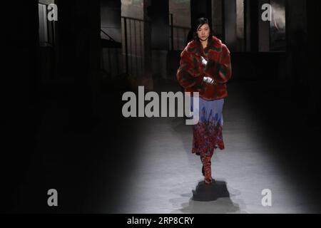 (190227) -- PARIGI, 27 febbraio 2019 -- Un modello presenta una creazione della collezione di abbigliamento Dries Van Noten Autunno/Inverno 2019/2020 durante la settimana della moda di Parigi, in Francia, 27 febbraio 2019. ) FRANCE-PARIS-FASHION WEEK-DRIES VAN NOTEN PIEROXBIASION PUBLICATIONXNOTXINXCHN Foto Stock