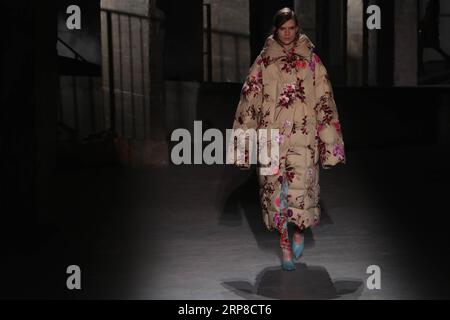 (190227) -- PARIGI, 27 febbraio 2019 -- Un modello presenta una creazione per Dries Van Noten sfilata della collezione ready-to-wear Autunno/Inverno 2019/2020 durante la settimana della moda di Parigi, in Francia, 27 febbraio 2019. ) FRANCE-PARIS-FASHION WEEK-DRIES VAN NOTEN PIEROXBIASION PUBLICATIONXNOTXINXCHN Foto Stock