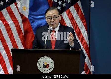 (190301) -- PASAY CITY, 1 marzo 2019 -- il Segretario degli affari Esteri filippino Teodoro Locsin parla durante una conferenza stampa congiunta con il Segretario di Stato americano Michael Pompeo (non nella foto) a Pasay City, Filippine, 1 marzo 2019. ) FILIPPINE-PASAY CITY-FOREIGN AFFAIRS SECRETARY-U.S. SEGRETARIO DI STATO-STAMPA RouellexUmali PUBLICATIONxNOTxINxCHN Foto Stock