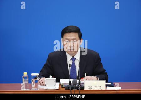 (190302) -- PECHINO, 2 marzo 2019 -- Guo Weimin, portavoce della seconda sessione della 13a Conferenza consultiva politica del popolo cinese (CPPCC), partecipa a una conferenza stampa presso la grande sala del popolo di Pechino, capitale della Cina, 2 marzo 2019. Il Comitato nazionale del CPPCC ha tenuto una conferenza stampa sabato pomeriggio, un giorno prima della sua sessione annuale. ) (DUE SESSIONI)CINA-PECHINO-CPPCC-CONFERENZA STAMPA (CN) SHENXBOHAN PUBLICATIONXNOTXINXCHN Foto Stock