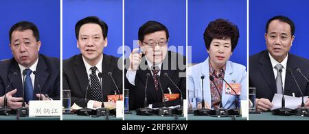 (190305) -- PECHINO, 5 marzo 2019 -- foto combinata mostra li Wei (C), Qin Boyong (2nd R), Chen Yulu (2nd L), Wang Peian (1st R) e Liu Bingjiang, membri della 13th National Committee of the Chinese People S Political Consultative Conference (CPPCC), partecipare a una conferenza stampa sulla vittoria delle tre principali battaglie di prevenzione e disinnesco dei rischi maggiori, sulla lotta mirata alla povertà e sulla prevenzione e il controllo dell'inquinamento, per la seconda sessione del 13° Comitato Nazionale del CPPCC a Pechino, capitale della Cina, 5 marzo 2019. ) (DUE SESSIONI)CONFERENZA STAMPA CINA-PECHINO-CPPCC Foto Stock