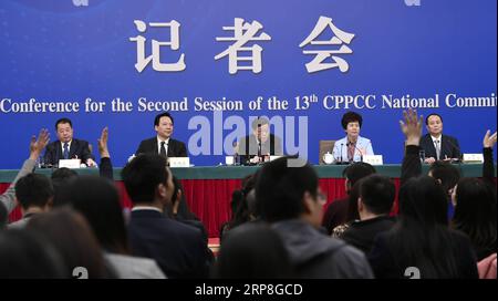 (190305) -- PECHINO, 5 marzo 2019 -- li Wei, Qin Boyong, Chen Yulu, Wang Peian e Liu Bingjiang, membri del 13° Comitato Nazionale della Conferenza consultiva politica del popolo cinese (CPPCC), partecipare a una conferenza stampa sulla vittoria delle tre principali battaglie di prevenzione e di disinnesco dei rischi principali, attuando una riduzione mirata della povertà, e prevenire e controllare l'inquinamento, per la seconda sessione del 13° Comitato Nazionale CPPCC a Pechino, capitale della Cina, 5 marzo 2019. ) (DUE SESSIONI)CINA-PECHINO-CPPCC-CONFERENZA STAMPA (CN) WANGXPENG PUBLICATIONXNOTXINXCHN Foto Stock