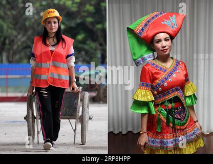 (190307) -- NANNING, 7 marzo 2019 (Xinhua) -- foto combinata scattata il 6 marzo 2019 mostra il lavoratore Qin Jiaxiu che lavora nel cantiere (L) e vestito come Liu Sanjie , un famoso cantante folk del gruppo etnico Zhuang, in uno studio fotografico, a Nanning, nella regione autonoma Guangxi Zhuang della Cina meridionale. Mentre la giornata internazionale della donna si avvicina, la filiale del Guangxi della China Construction Third Bureau First Engineering Co., Ltd ha scelto otto lavoratrici di diversi posti per scattare foto vestendo i vestiti del gruppo etnico Zhuang per registrare i loro momenti più belli Foto Stock