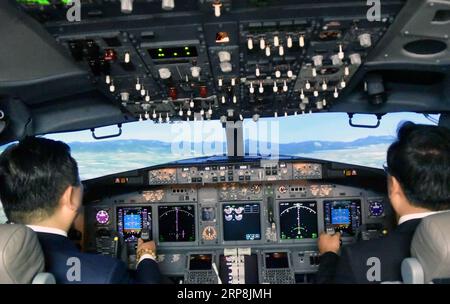 (190308) -- PECHINO, 8 marzo 2019 (Xinhua) -- la foto scattata il 17 luglio 2017 mostra la scena interna del simulatore di volo, consegnato da ACCEL (Tianjin) Flight Simulation, una joint venture sino-statunitense tra Haite High-Tech e Rockwell Collins, a Tianjin, nel nord della Cina. (Xinhua/Mao Zhenhua) Xinhua titoli: La legge cinese sugli investimenti esteri inaugurerà il nuovo capitolo dell'apertura di PUBLICATIONxNOTxINxCHN Foto Stock